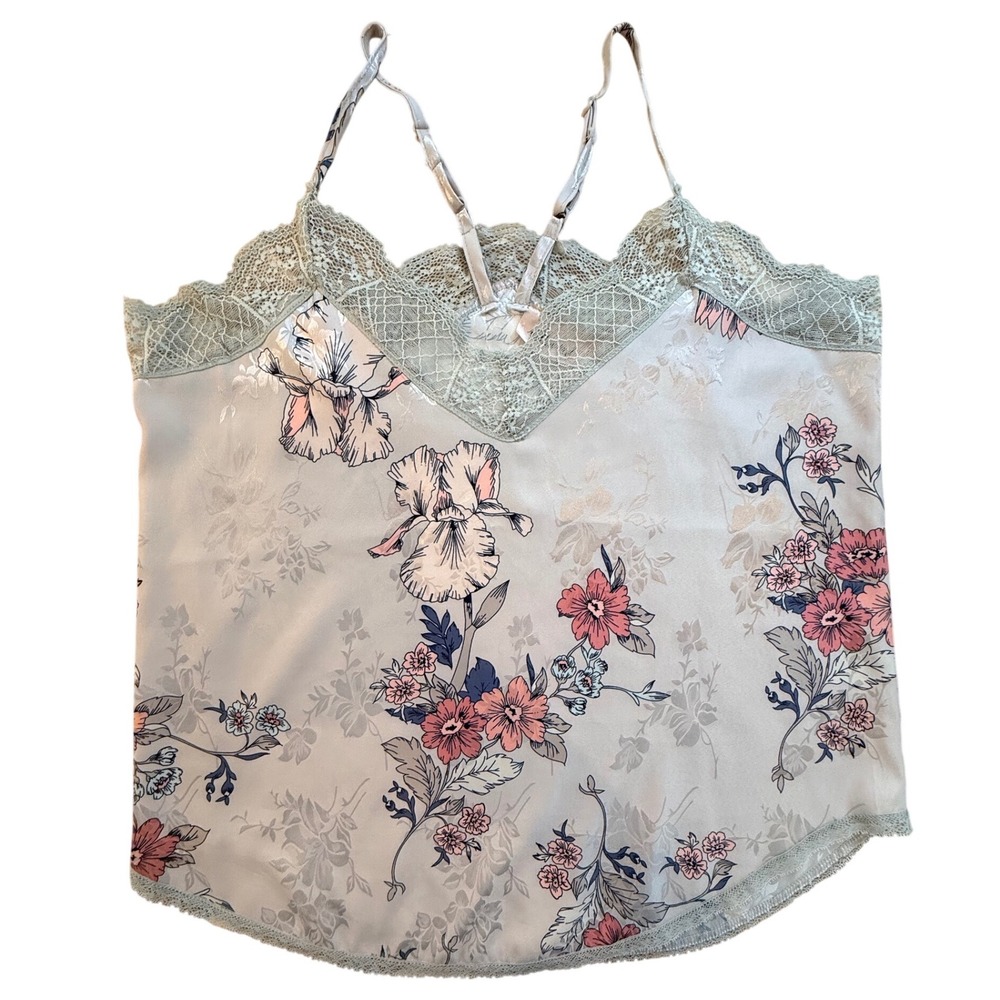 Y2K 90s Willow & Root Floral Lace Trim Camisole Top Sage Green Pink Satin L
